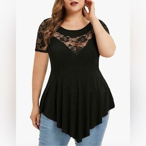 Amazon Plus Size Black Lace Trim Asymmetric Peplum Tunic
